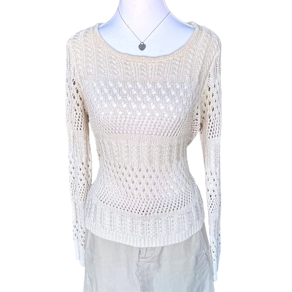 Forever‎ 21 Open Knit Crochet Sweater Pointelle Boho Cream Fall Small